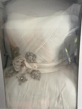 Stunning Oleg Cassini Ivory Strapless Beaded Wedding Dress with Floral Sash 14